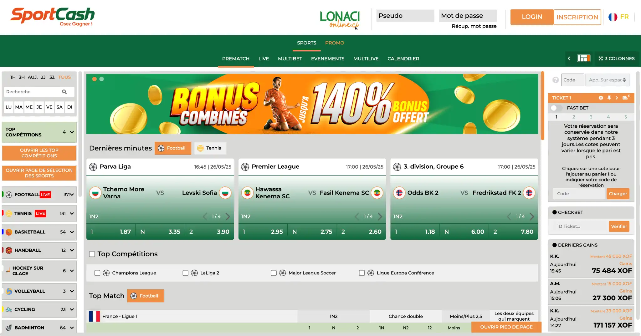 Interface principale de Sportcash montrant les options de paris sportifs